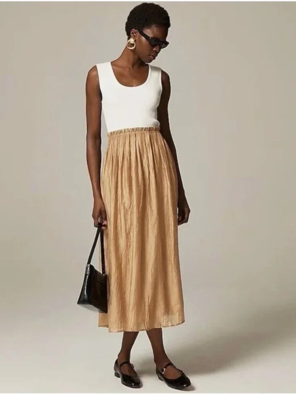 NWT J. Crew Mixy Gathered Crinkle Dress Ribbed Tank Twofer Dress XL Neutral SP25